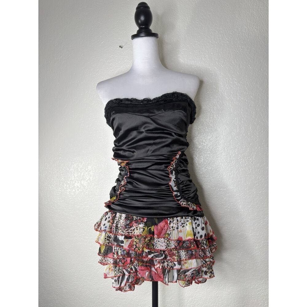 Y2K Ruched Asymmetrical Sweetheart Satin Sheer Dress Art Sequin Whimsygoth Sz S - Picture 1 of 7